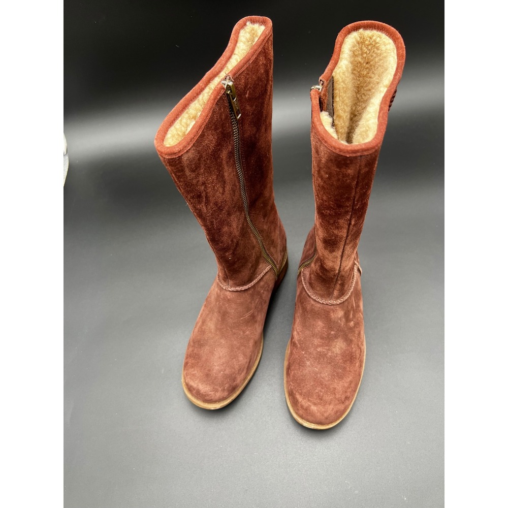 UGG Simmens Stout Brown Suede Sheepskin Mid Calf Zip Boots 1012554 Womens 6.5